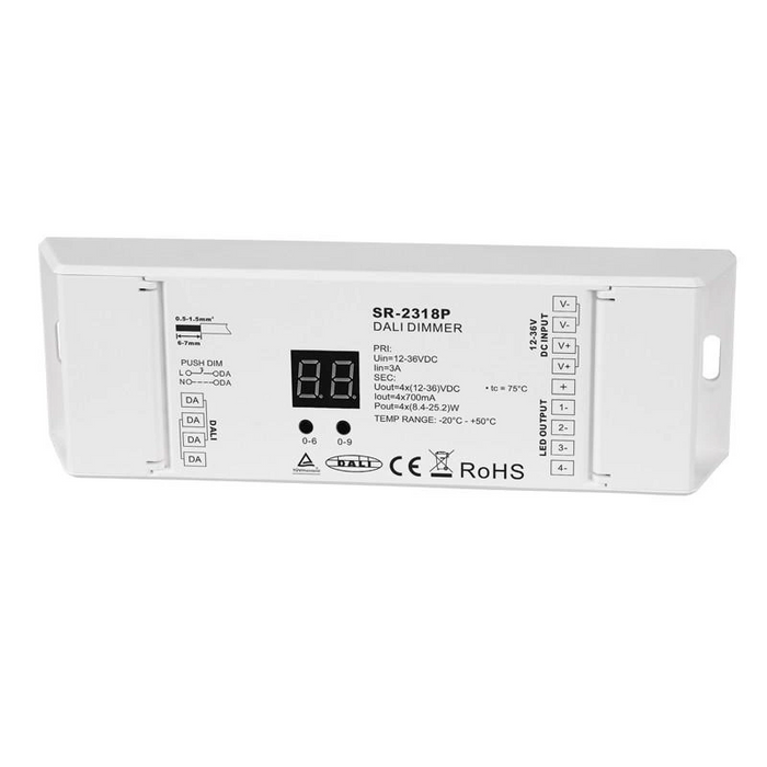 SR-2318B DALI 4-kanálový LED stmievač CC 12–36 V DC 700 mA DT6